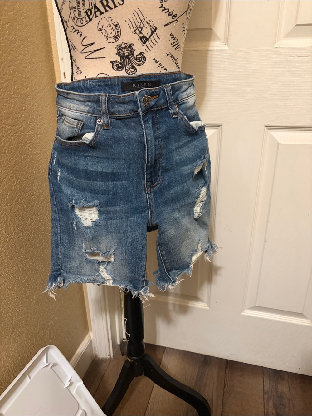 Risen Distressed Mid-Blue High-Rise Denim Shorts for Women